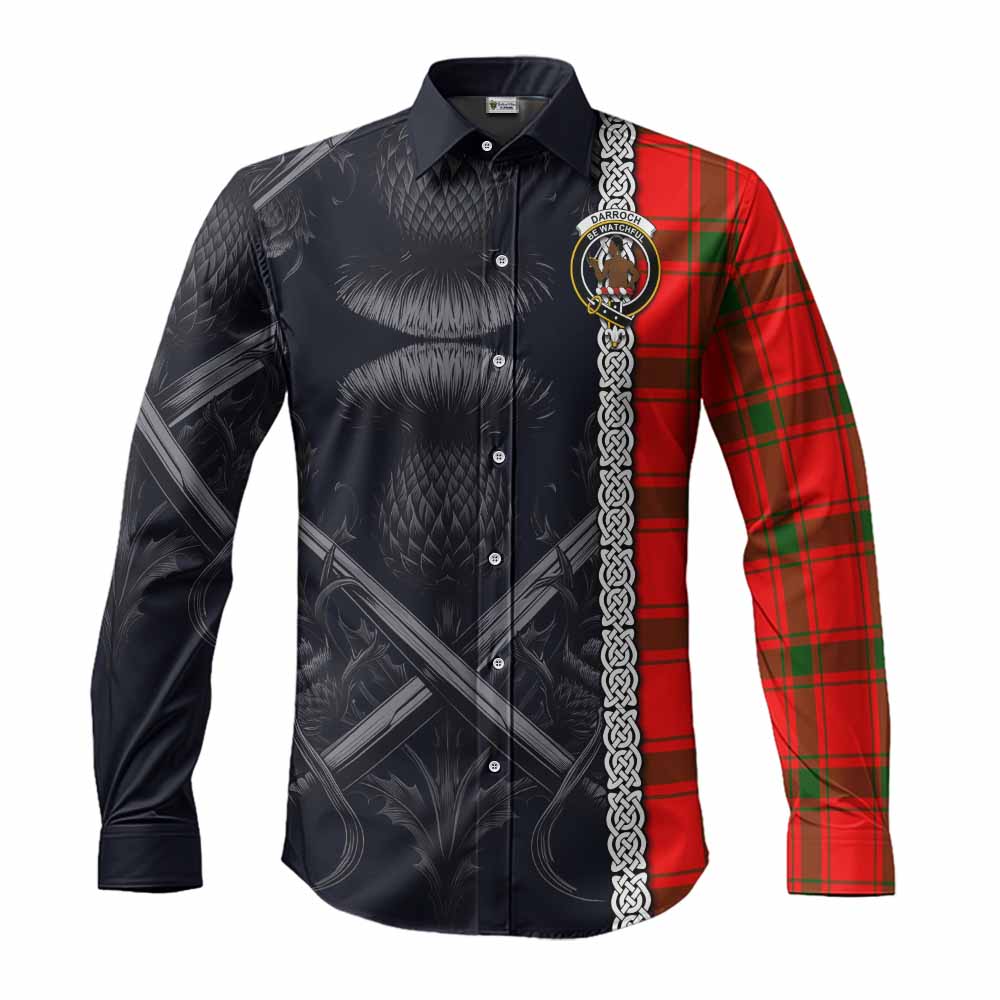 Tartan Vibes Clothing Darroch Tartan Long Sleeve Button Shirt with Family Crest Cross Sword Thistle Celtic Vibes