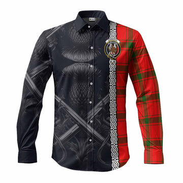 Tartan Vibes Clothing Darroch Tartan Long Sleeve Button Shirt with Family Crest Cross Sword Thistle Celtic Vibes