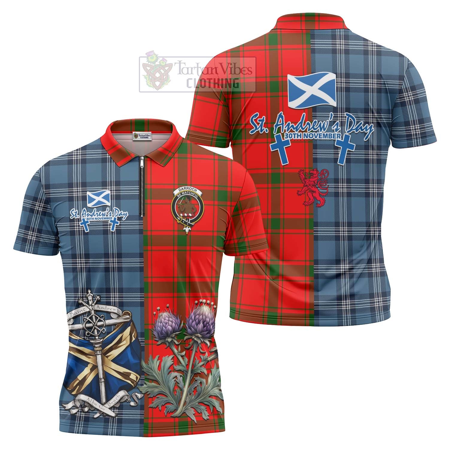 Darroch Tartan Zipper Polo Shirt Happy St. Andrew's Day Half Tartan Style Unisex - Tartan Vibes Clothing