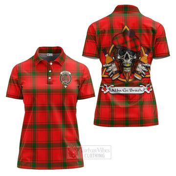 Darroch Tartan Women's Polo Shirt with Family Crest and Bearded Skull Holding Bottles of Whiskey