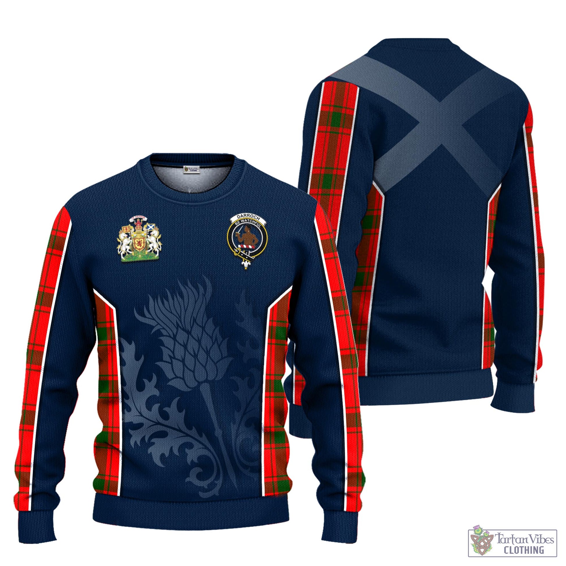 Darroch Tartan Knitted Sweatshirt with Family Crest and Scottish Thistle Vibes Sport Style Unisex - Tartan Vibes Clothing