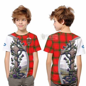 Darroch Tartan Kid T-Shirt with Family Crest and St. Andrew's Cross Accented by Thistle Vines Youth XL Size14 - Tartan Vibes Clothing