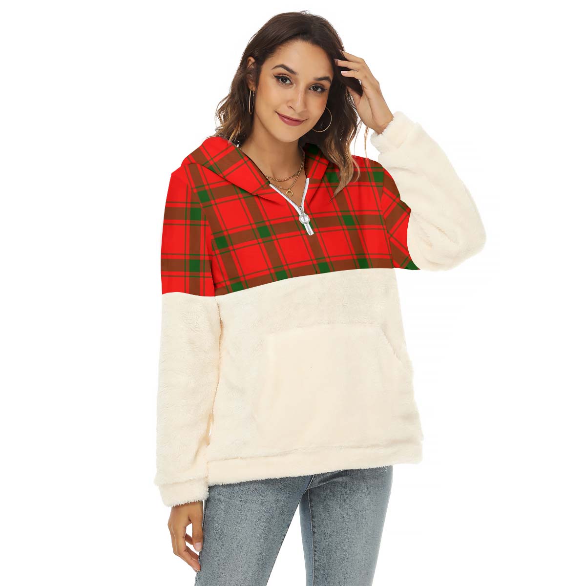 Darroch Tartan Half Style Women's Borg Fleece Hoodie with Half Zip Female - Tartan Vibes Clothing