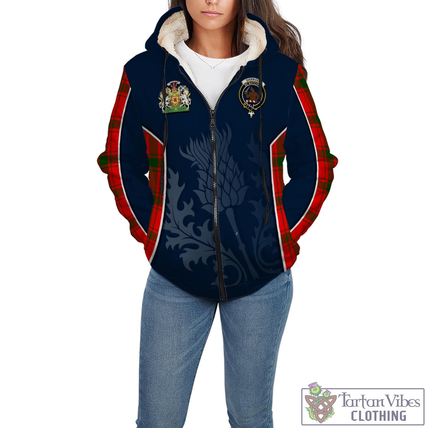 Tartan Vibes Clothing Darroch Tartan Sherpa Hoodie with Family Crest and Scottish Thistle Vibes Sport Style