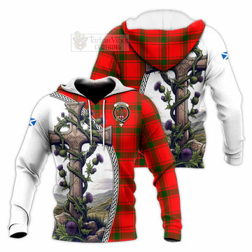 Darroch Tartan Knitted Hoodie with Family Crest and St. Andrew's Cross Accented by Thistle Vines Unisex Knitted Pullover Hoodie - Tartan Vibes Clothing