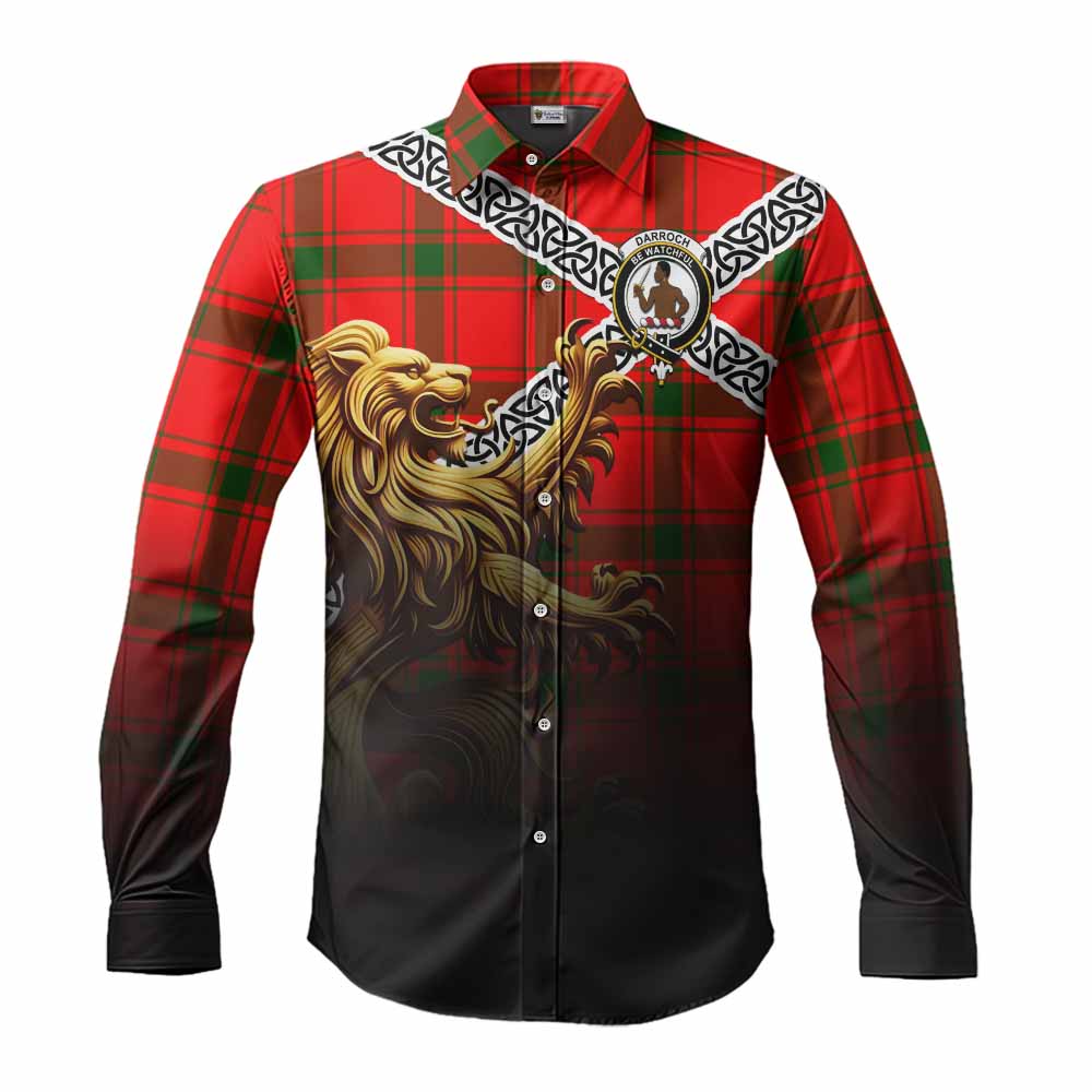 Darroch Crest Tartan Long Sleeve Button Shirt with Golden Lion Emblem Celtic Style Men's Shirt S - Tartan Vibes Clothing