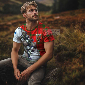 Darroch Tartan T-Shirt with Family Crest and St. Andrew's Cross Accented by Thistle Vines - Tartan Vibes Clothing