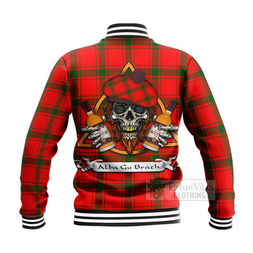 Darroch Tartan Baseball Jacket with Family Crest and Bearded Skull Holding Bottles of Whiskey - Tartan Vibes Clothing