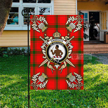 Tartan Vibes Clothing Darroch Tartan Flag with Family Crest and Golden Thistle Crossed Sword Design