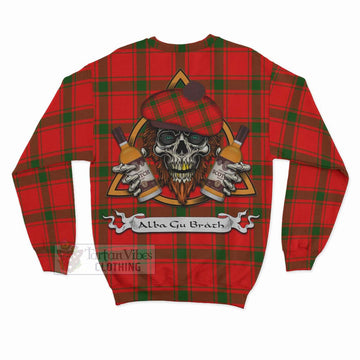 Darroch Tartan Sweatshirt with Family Crest and Bearded Skull Holding Bottles of Whiskey - Tartan Vibes Clothing
