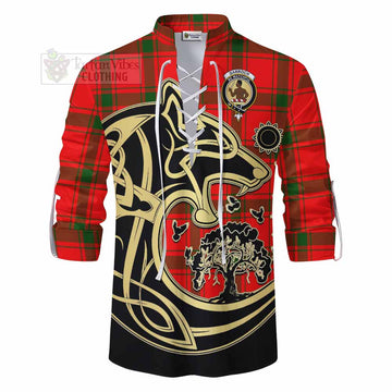 Darroch Tartan Ghillie Kilt Shirt with Family Crest Celtic Wolf Style - Tartan Vibes Clothing