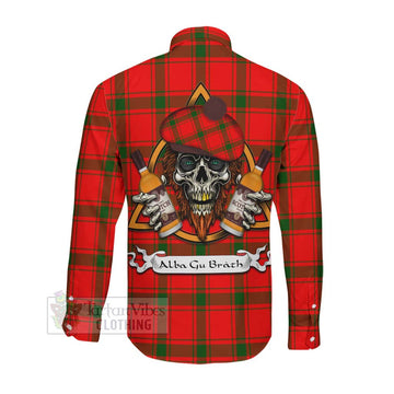 Darroch Tartan Long Sleeve Button Shirt with Family Crest and Bearded Skull Holding Bottles of Whiskey Men's Shirt - Tartan Vibes Clothing