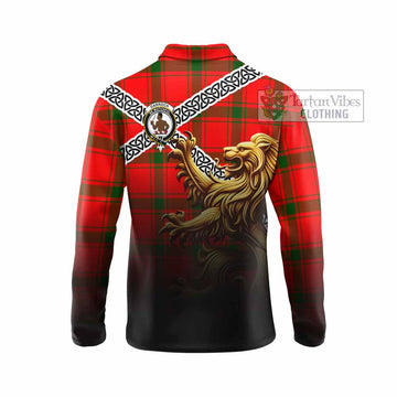 Darroch Crest Tartan Long Sleeve Polo Shirt with Golden Lion Emblem Celtic Style - Tartan Vibes Clothing