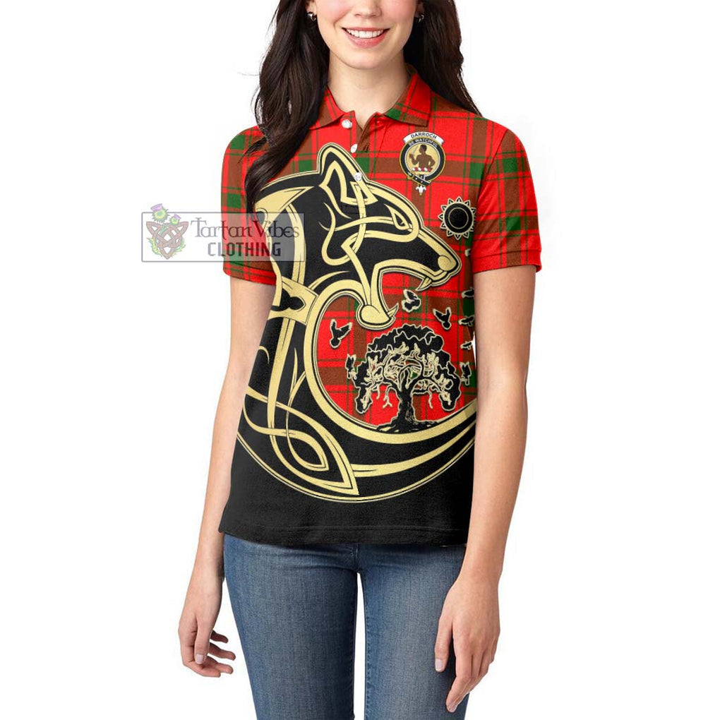 Darroch Tartan Women's Polo Shirt with Family Crest Celtic Wolf Style - Tartanvibesclothing Shop