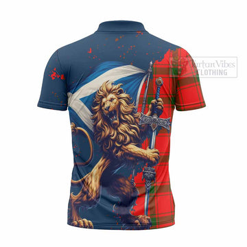 Darroch Tartan Family Crest Zipper Polo Shirt with Scottish Majestic Lion - Tartan Vibes Clothing