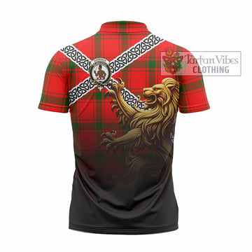 Darroch Crest Tartan Zipper Polo Shirt with Golden Lion Emblem Celtic Style - Tartan Vibes Clothing