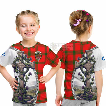 Darroch Tartan Kid T-Shirt with Family Crest and St. Andrew's Cross Accented by Thistle Vines - Tartan Vibes Clothing