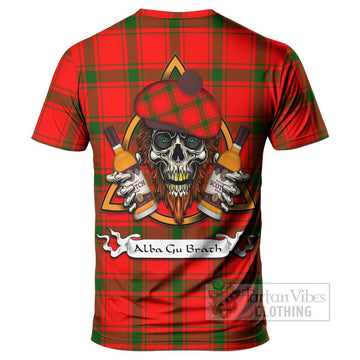 Darroch Tartan T-Shirt with Family Crest and Bearded Skull Holding Bottles of Whiskey - Tartan Vibes Clothing
