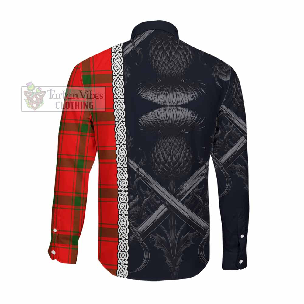 Tartan Vibes Clothing Darroch Tartan Long Sleeve Button Shirt with Family Crest Cross Sword Thistle Celtic Vibes