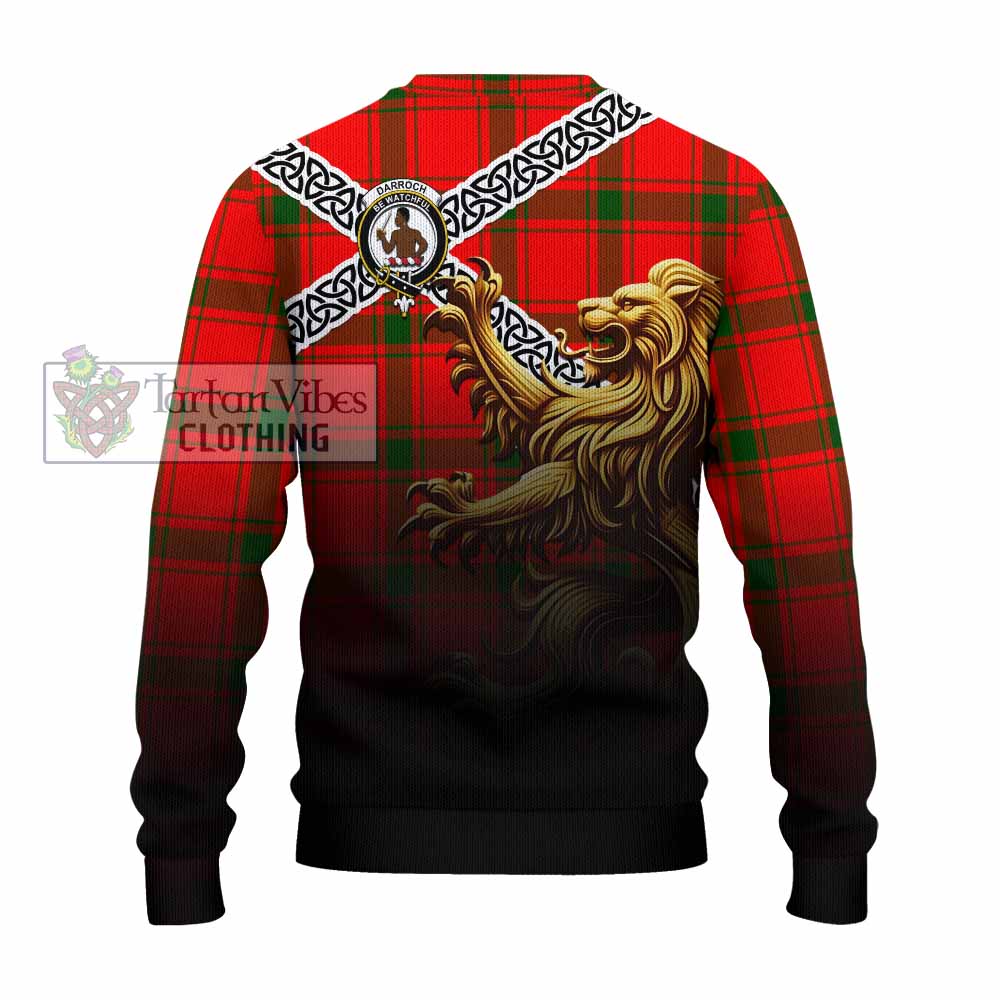 Tartan Vibes Clothing Darroch Crest Tartan Knitted Sweater with Golden Lion Emblem Celtic Style