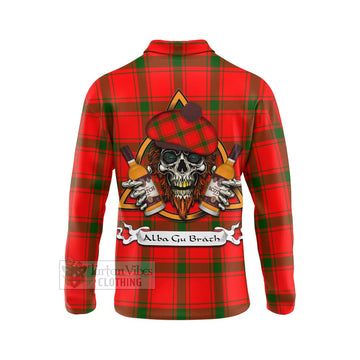 Darroch Tartan Long Sleeve Polo Shirt with Family Crest and Bearded Skull Holding Bottles of Whiskey - Tartan Vibes Clothing