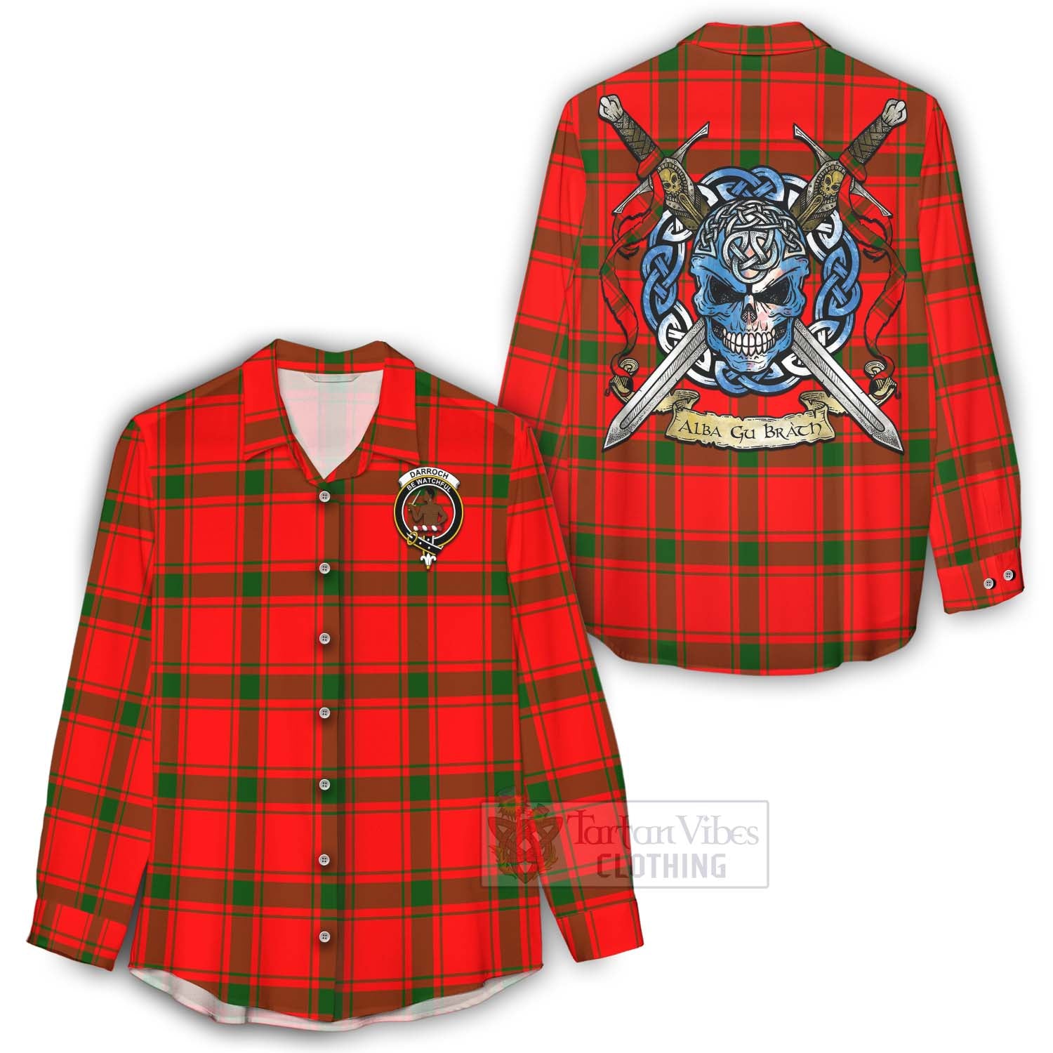 Darroch Tartan Women's Casual Shirt with Family Crest Celtic Skull Style - Tartan Vibes Clothing
