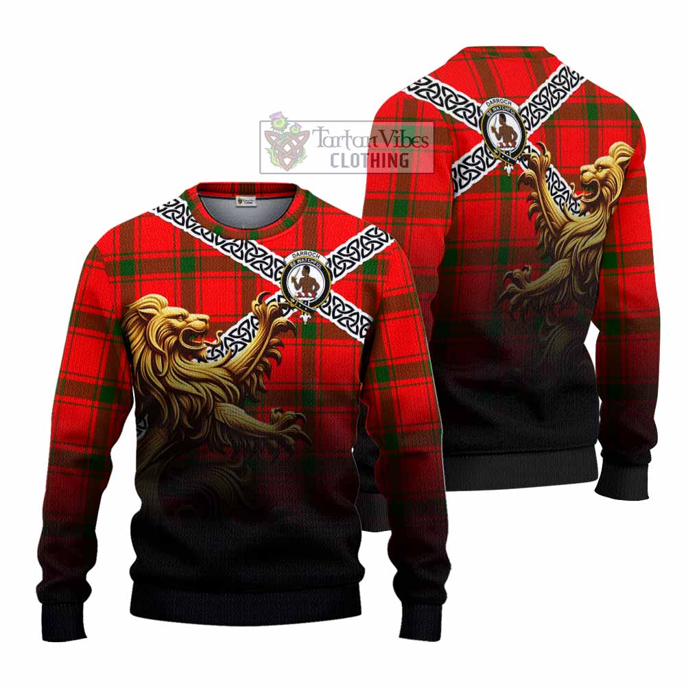 Tartan Vibes Clothing Darroch Crest Tartan Knitted Sweater with Golden Lion Emblem Celtic Style