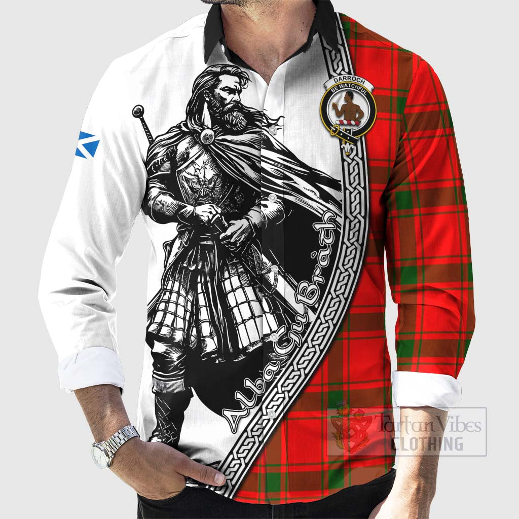 Darroch Tartan Clan Crest Long Sleeve Button Shirt with Highlander Warrior Celtic Style - Tartan Vibes Clothing
