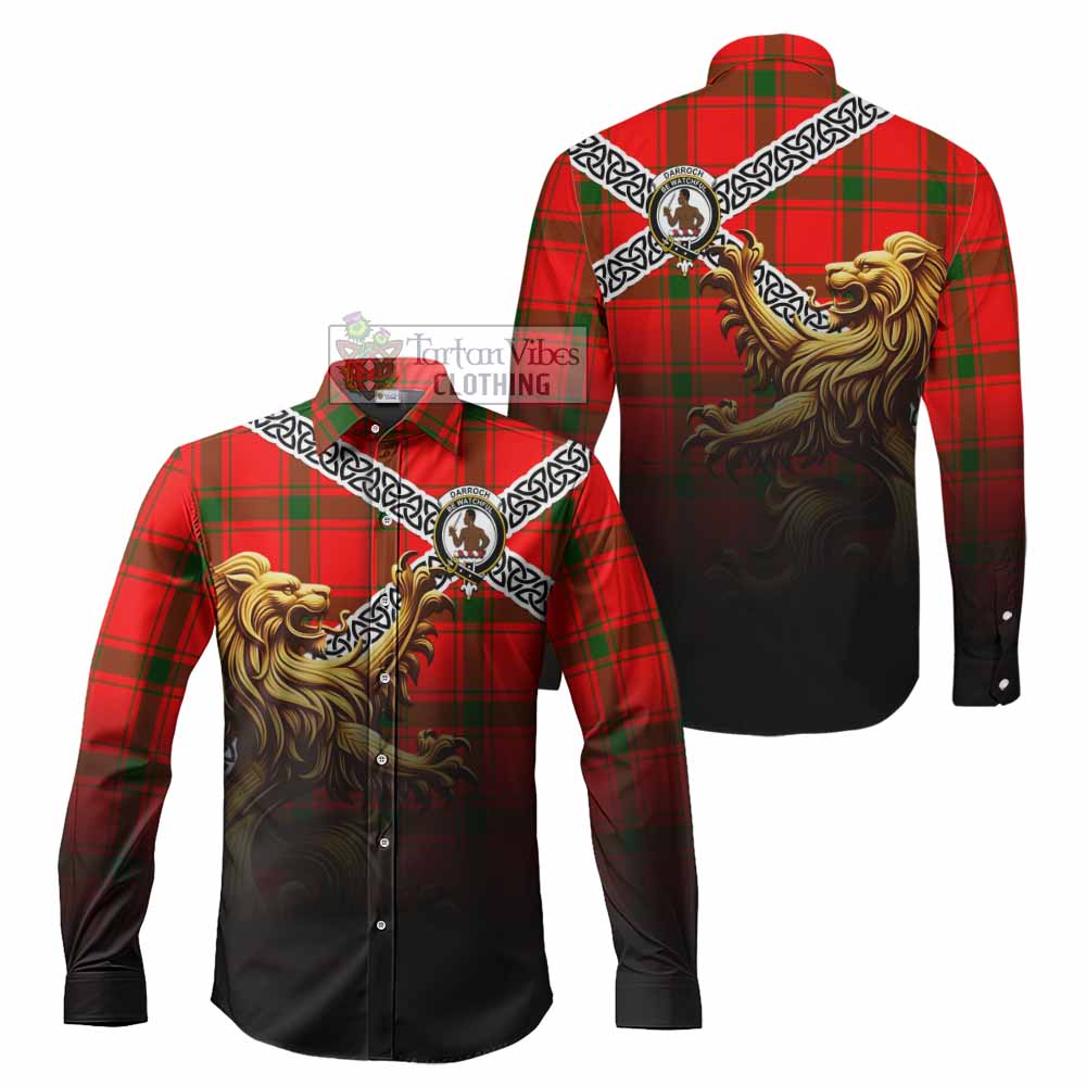 Darroch Crest Tartan Long Sleeve Button Shirt with Golden Lion Emblem Celtic Style - Tartan Vibes Clothing
