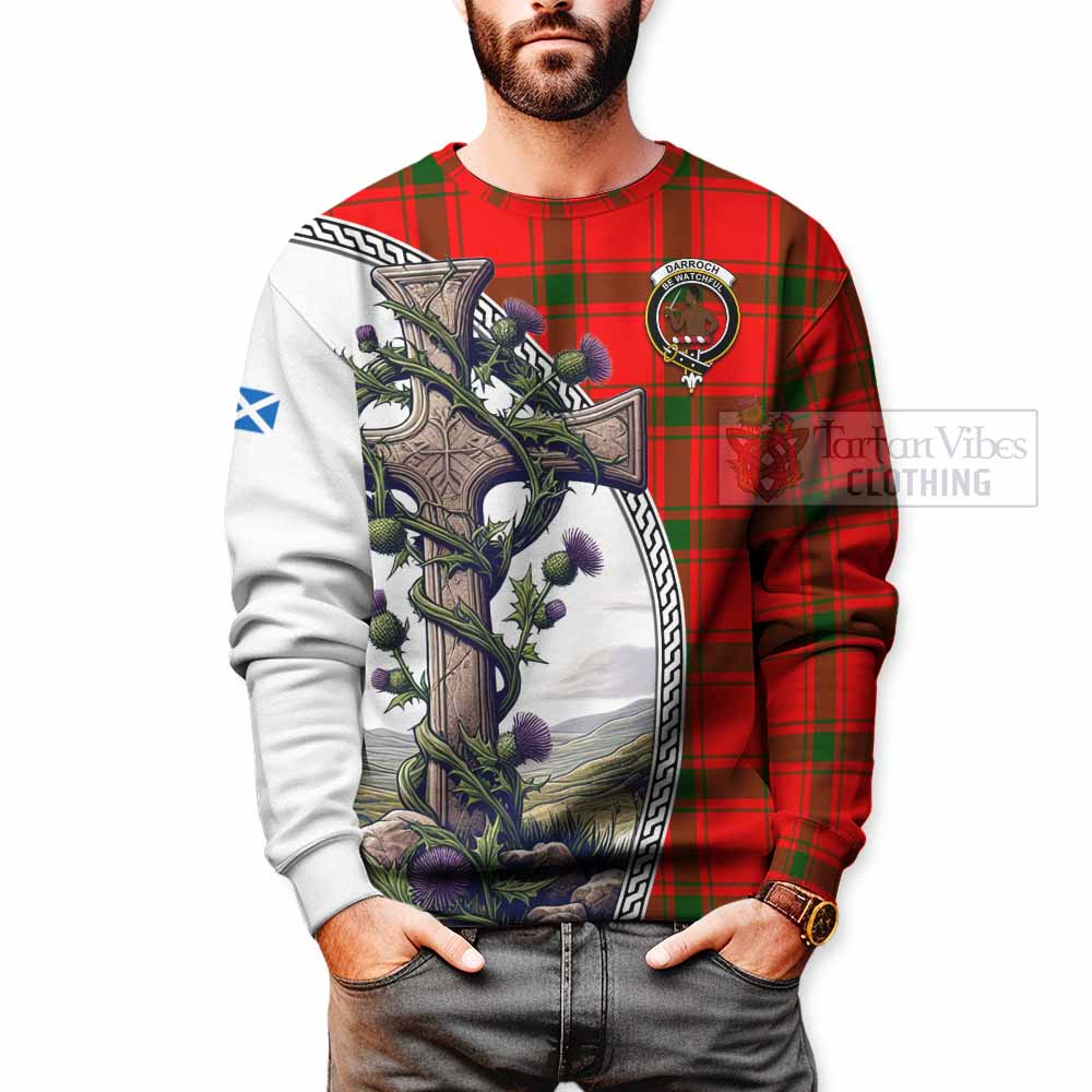 Darroch Tartan Sweatshirt with Family Crest and St. Andrew's Cross Accented by Thistle Vines - Tartan Vibes Clothing