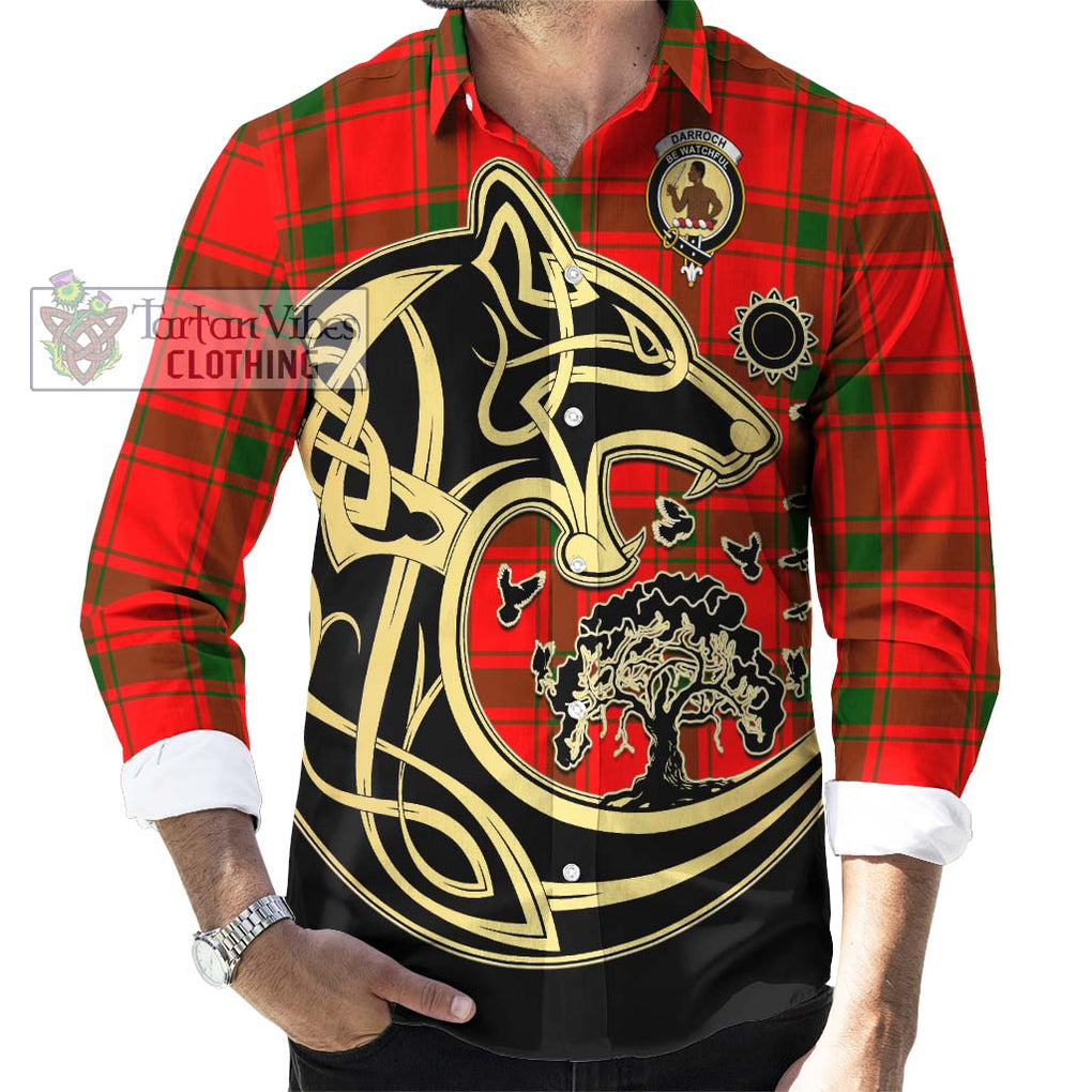 Darroch Tartan Long Sleeve Button Shirt with Family Crest Celtic Wolf Style - Tartan Vibes Clothing