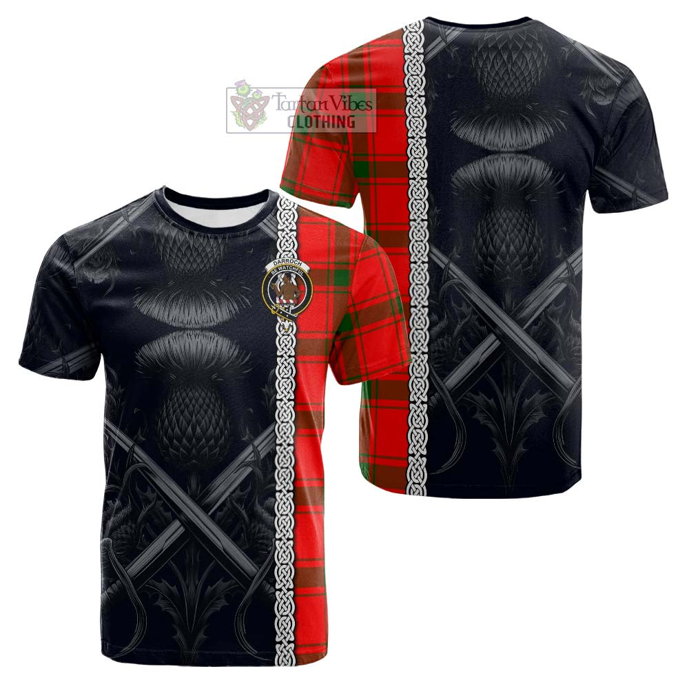 Tartan Vibes Clothing Darroch Tartan Cotton T-shirt with Family Crest Cross Sword Thistle Celtic Vibes