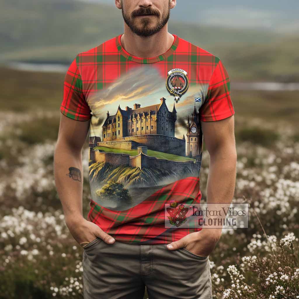 Darroch Tartan Family Crest T-Shirt with Scottish Ancient Castle Style - Tartan Vibes Clothing