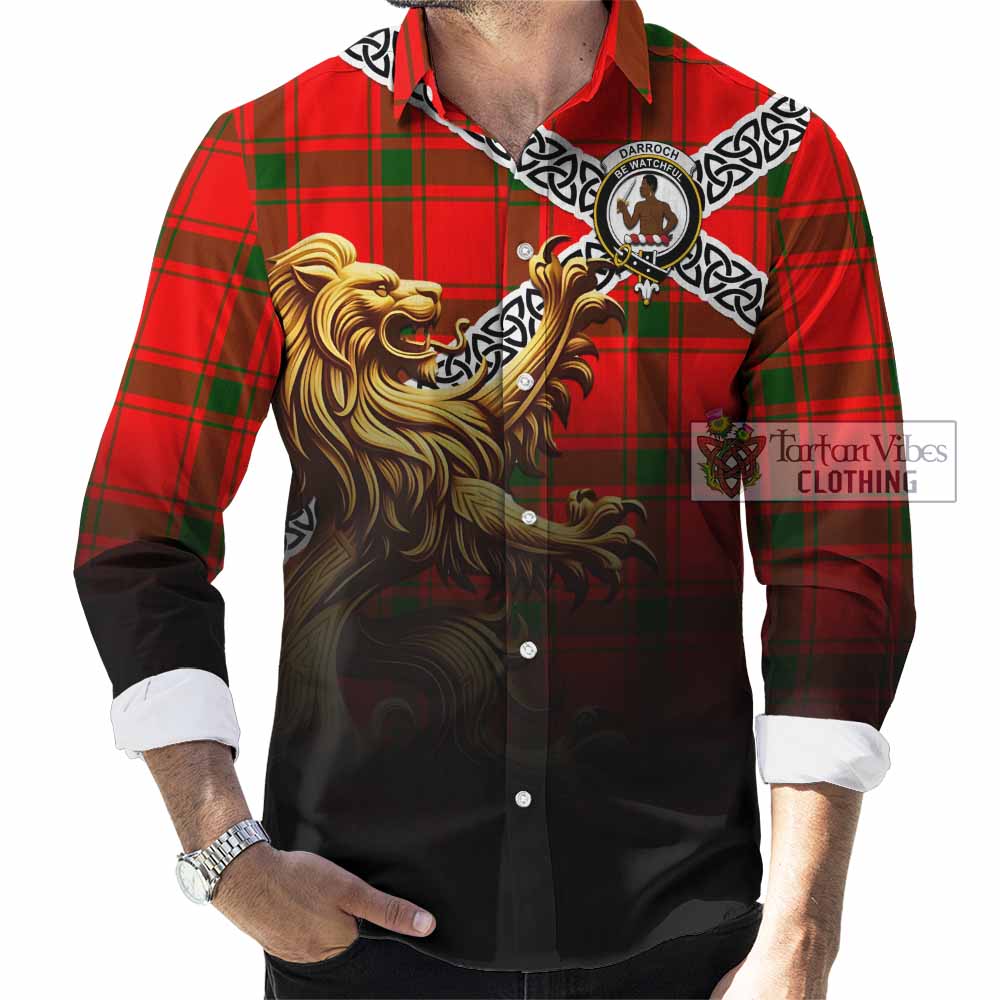 Darroch Crest Tartan Long Sleeve Button Shirt with Golden Lion Emblem Celtic Style - Tartan Vibes Clothing