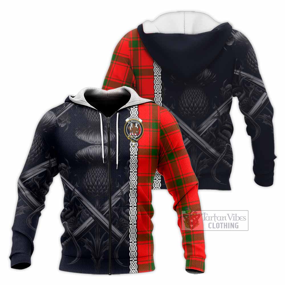 Darroch Tartan Knitted Hoodie with Family Crest Cross Sword Thistle Celtic Vibes Unisex Knitted Zip Hoodie - Tartan Vibes Clothing