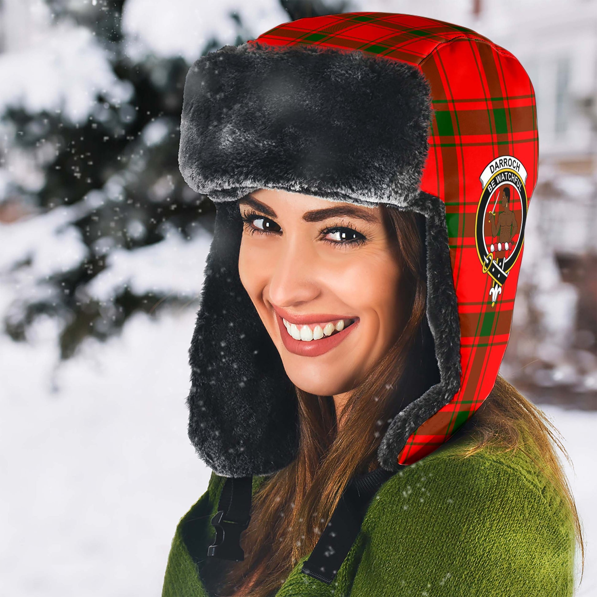 Darroch Tartan Winter Trapper Hat with Family Crest - Tartan Vibes Clothing