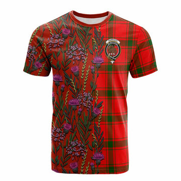 Darroch Family Crest Tartan Cotton T-shirt Scottish Thistle Flower Pattern Half Style