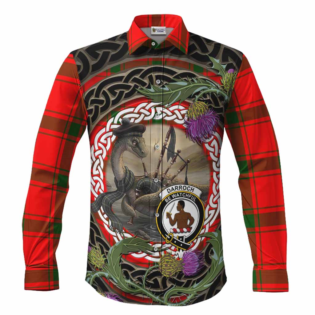Darroch Tartan Crest Bagpipe Nessie Long Sleeve Button Shirts Scottish Loch Ness Monster Celtic Thistle