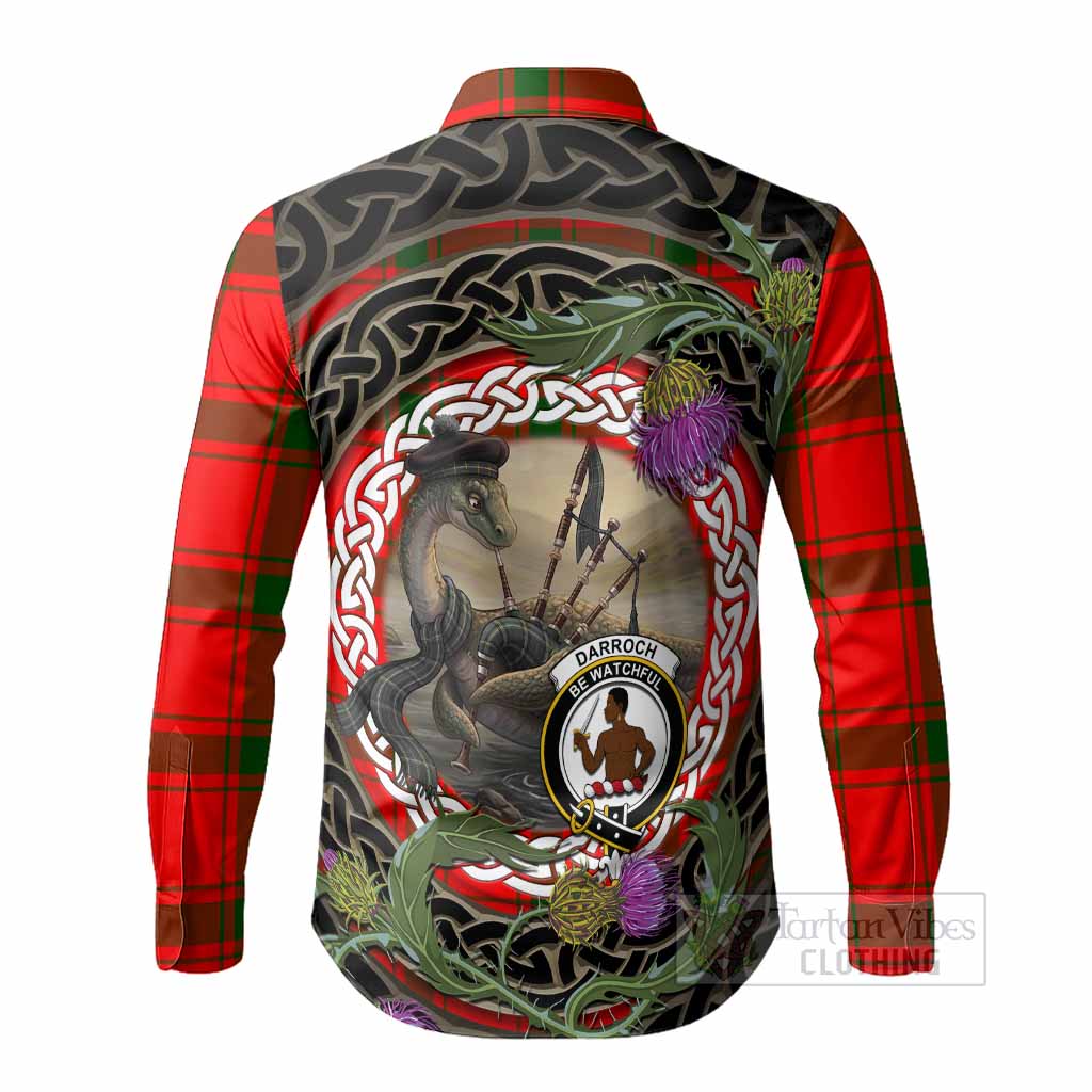 Darroch Tartan Crest Bagpipe Nessie Long Sleeve Button Shirts Scottish Loch Ness Monster Celtic Thistle