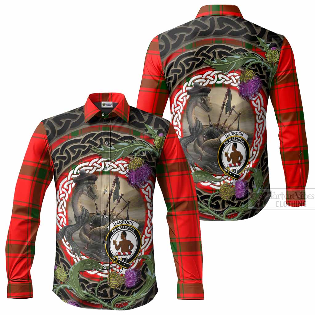 Darroch Tartan Crest Bagpipe Nessie Long Sleeve Button Shirts Scottish Loch Ness Monster Celtic Thistle