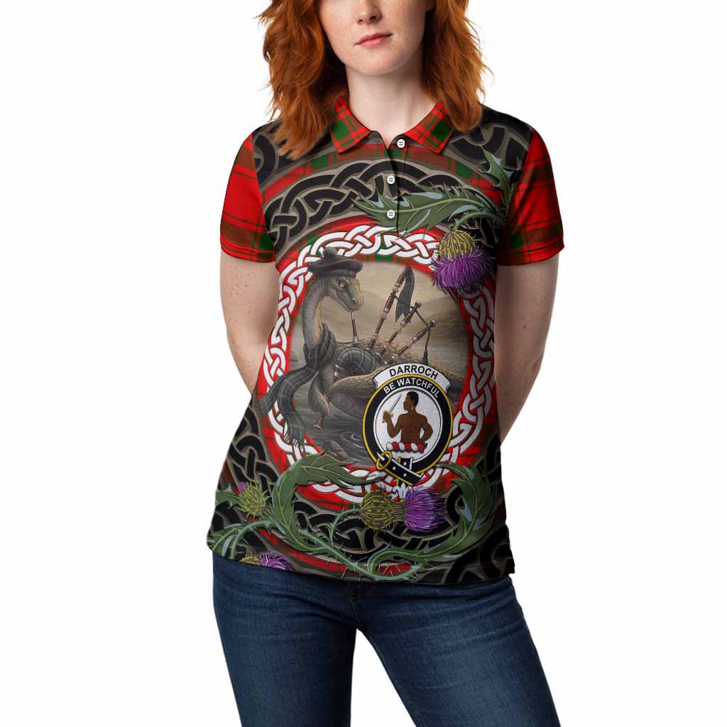 Darroch Tartan Crest Bagpipe Nessie Women Polo Shirt Scottish Loch Ness Monster Celtic Thistle