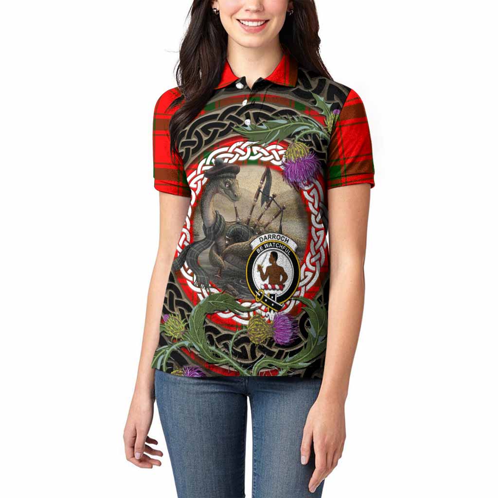 Darroch Tartan Crest Bagpipe Nessie Women Polo Shirt Scottish Loch Ness Monster Celtic Thistle