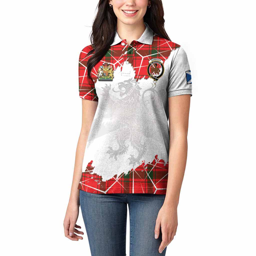 Darroch Tartan Women Polo Shirt with Family Crest and Lion Rampant Grunge Style