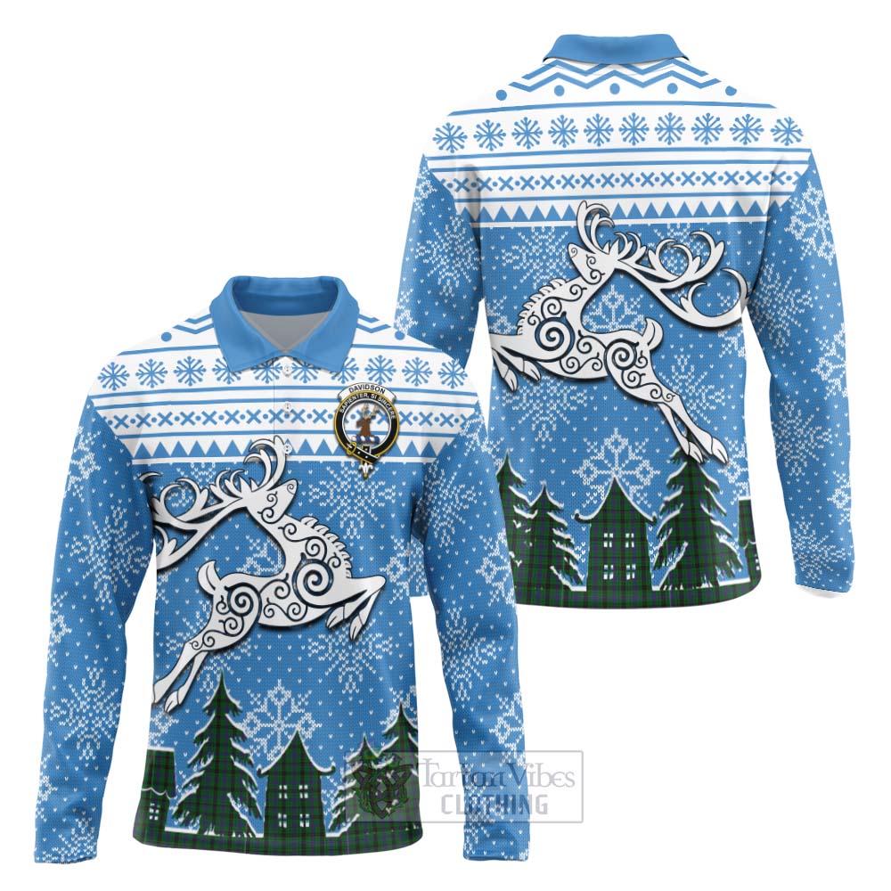 Tartan Vibes Clothing Davidson Clan Christmas Long Sleeve Polo Shirt Celtic Reindeer Style