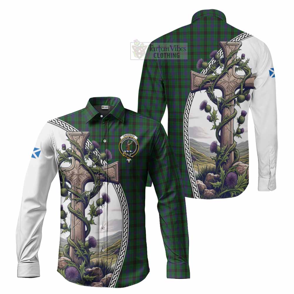 Tartan Vibes Clothing Davidson Tartan Long Sleeve Button Shirt with Family Crest and St. Andrew's Cross Accented by Thistle Vines
