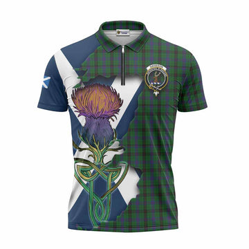 Tartan Vibes Clothing Davidson Tartan Family Crest Zipper Polo Shirt Scottish Thistle Celtic Inspired