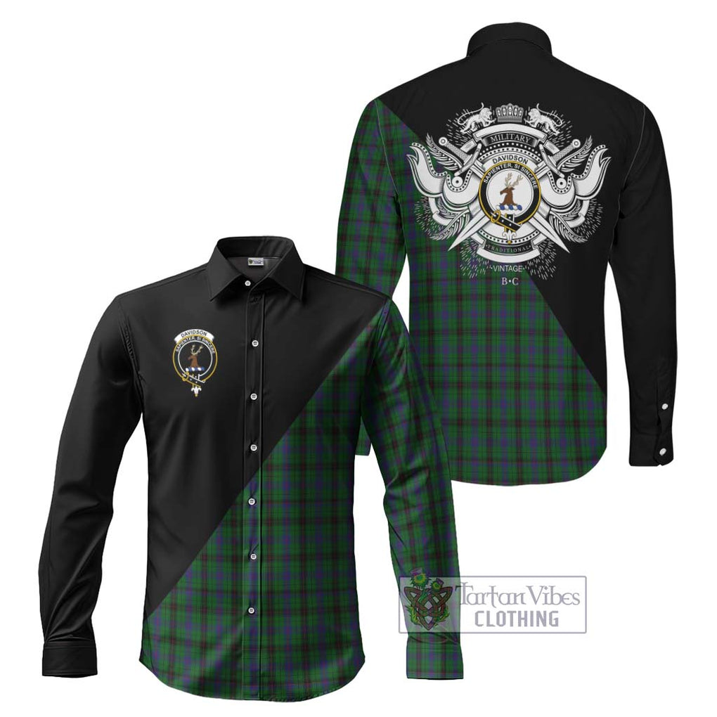 Davidson Tartan Long Sleeve Button Shirt with Family Crest and Military Logo Style Men's Shirt S - Tartan Vibes Clothing