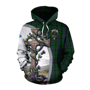 Davidson Tartan Cotton Hoodie with Family Crest and St. Andrew's Cross Accented by Thistle Vines
