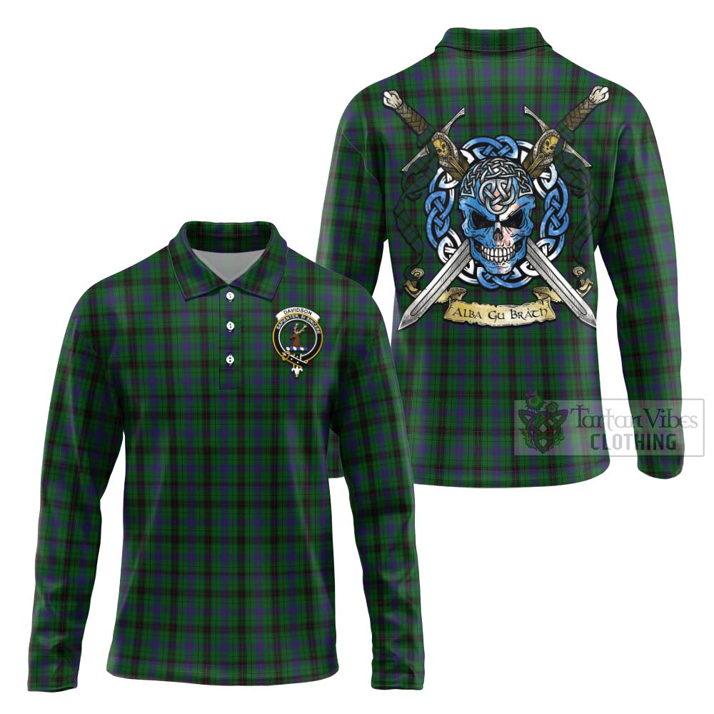 Tartan Vibes Clothing Davidson Tartan Long Sleeve Polo Shirt with Family Crest Celtic Skull Style