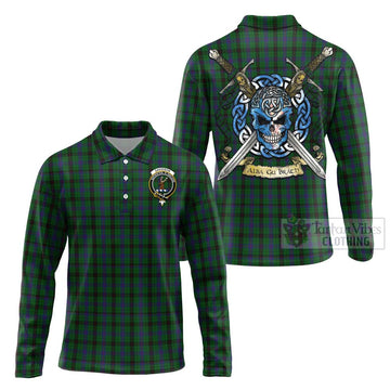 Tartan Vibes Clothing Davidson Tartan Long Sleeve Polo Shirt with Family Crest Celtic Skull Style